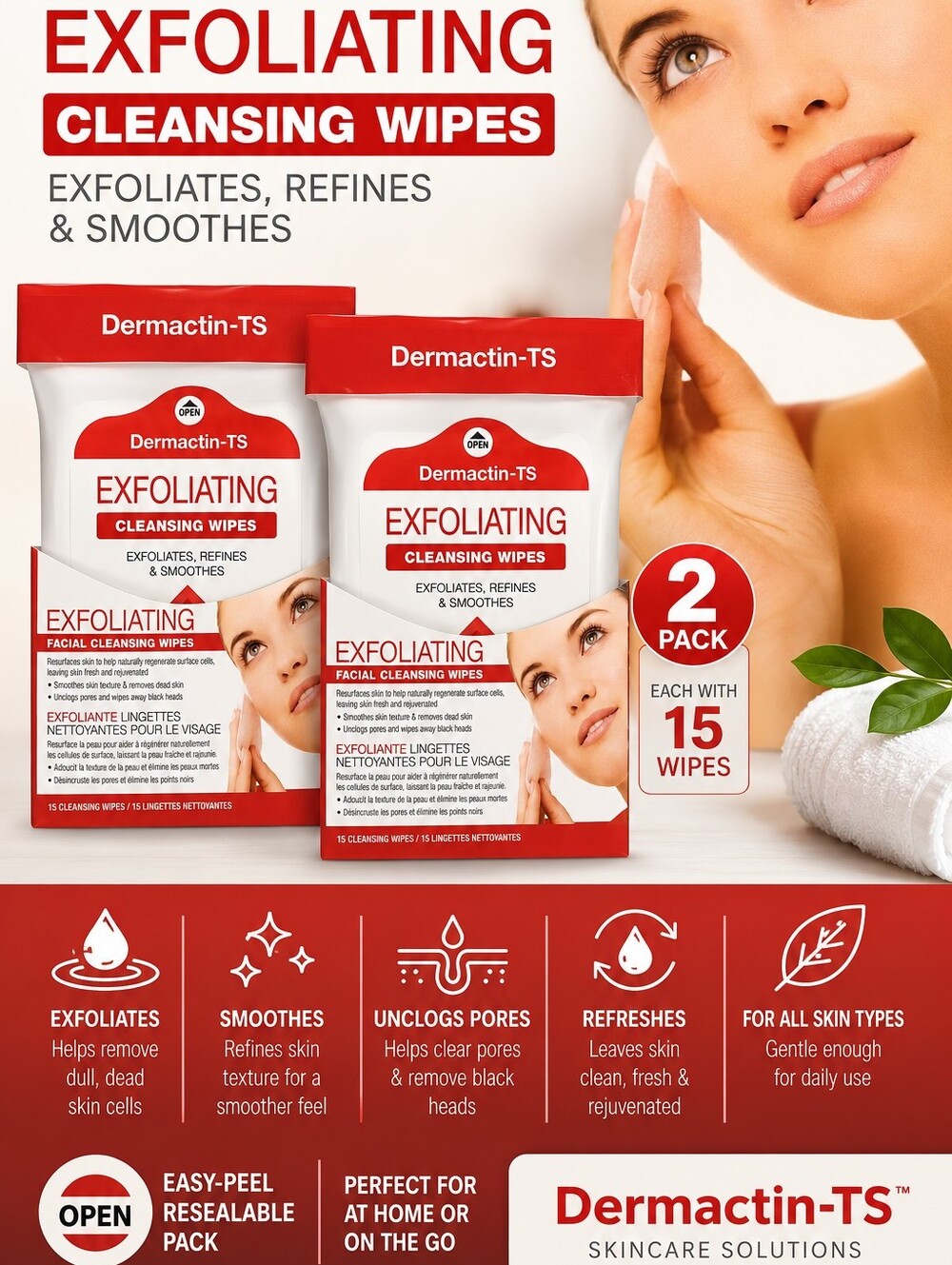 2pk Exfoliating Cleansing Wipes - White/Red 30 Wipes Total (15×2)